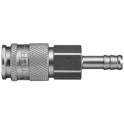 48602100 Coupling - Single Shut-off - Hose Barb Rectus and Serto Single shut-off quick couplers work without a valve in the nipple but with a valve in the quick coupler. The flow is stalled when the connection is broken. (Rectus KA serie)