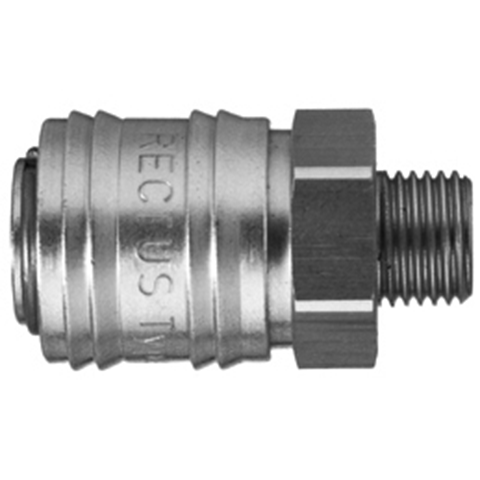 48811100 Coupling - Single Shut-off - Male Thread Rectus and Serto Single shut-off quick couplers work without a valve in the nipple but with a valve in the quick coupler. The flow is stalled when the connection is broken. (Rectus KA serie)
