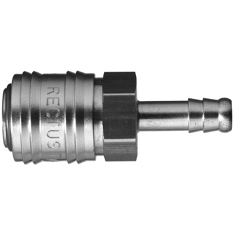 48812600 Coupling - Single Shut-off - Hose Barb Rectus and Serto Single shut-off quick couplers work without a valve in the nipple but with a valve in the quick coupler. The flow is stalled when the connection is broken. (Rectus KA serie)