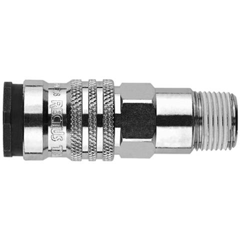 48901160 Coupling - Single Shut-off - Male Thread Rectus and Serto Single shut-off quick couplers work without a valve in the nipple but with a valve in the quick coupler. The flow is stalled when the connection is broken. (Rectus KA serie)