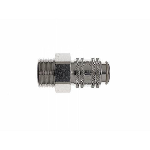 17011550 Coupling - Single Shut-off - Male Thread Rectus and Serto Single shut-off quick couplers work without a valve in the nipple but with a valve in the quick coupler. The flow is stalled when the connection is broken. (Rectus KA serie)