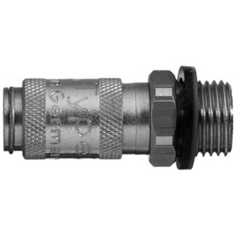 45000500 Coupling - Single Shut-off - Male Thread Rectus and Serto Single shut-off quick couplers work without a valve in the nipple but with a valve in the quick coupler. The flow is stalled when the connection is broken. (Rectus KA serie)
