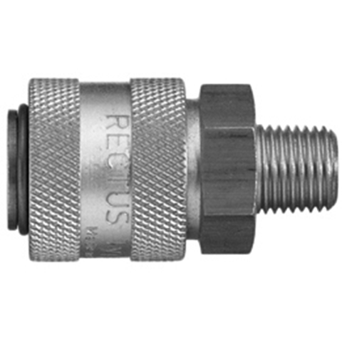 45040000 Coupling - Single Shut-off - Male Thread Rectus and Serto Single shut-off quick couplers work without a valve in the nipple but with a valve in the quick coupler. The flow is stalled when the connection is broken. (Rectus KA serie)