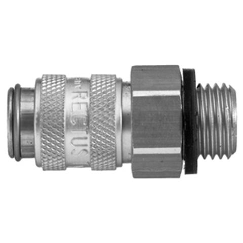 45050000 Coupling - Single Shut-off - Male Thread Rectus and Serto Single shut-off quick couplers work without a valve in the nipple but with a valve in the quick coupler. The flow is stalled when the connection is broken. (Rectus KA serie)