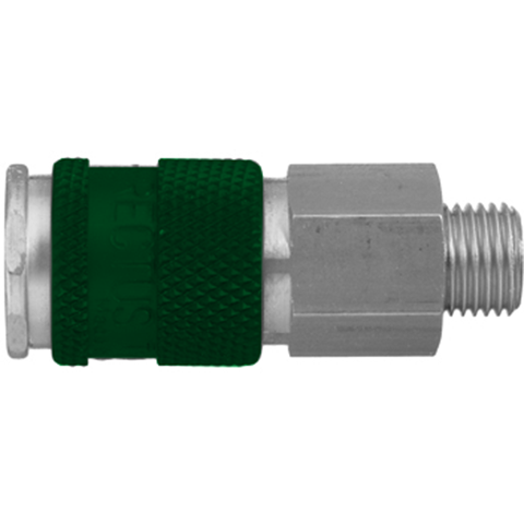 45150011 Coupling - Single Shut-off - Male Thread Rectus quick coupling single shut-off coded system - Rectukey.  The mechanical coding of the coupling and plug offers a  guarantee for avoiding mix-ups between media when coupling, which is complemented by the color coding of the anodised sleeves. Double shut-off version available on request.