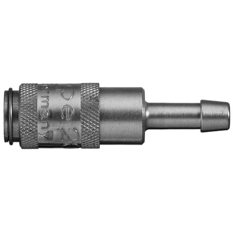45502700 Coupling - Single Shut-off - Hose Barb Rectus and Serto Single shut-off quick couplers work without a valve in the nipple but with a valve in the quick coupler. The flow is stalled when the connection is broken. (Rectus KA serie)