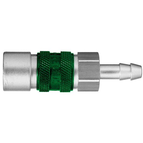 45555710 Coupling - Single Shut-off - Hose Barb Rectus quick coupling single shut-off coded system - Rectukey.  The mechanical coding of the coupling and plug offers a  guarantee for avoiding mix-ups between media when coupling, which is complemented by the color coding of the anodised sleeves. Double shut-off version available on request.