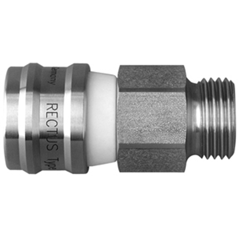 47580040 Coupling - Single Shut-off - Male Thread Rectus and Serto Single shut-off quick couplers work without a valve in the nipple but with a valve in the quick coupler. The flow is stalled when the connection is broken. (Rectus KA serie)