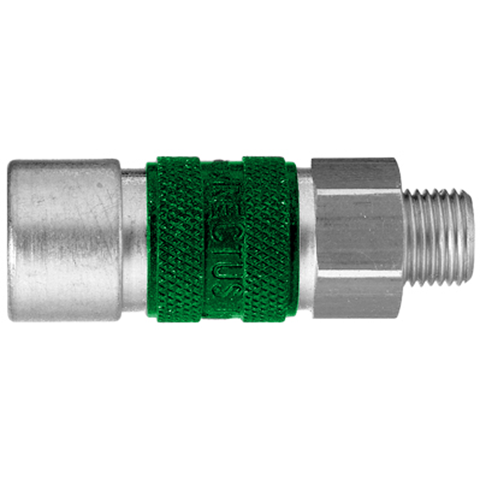 48025000 Coupling - Single Shut-off - Male Thread Rectus quick coupling single shut-off coded system - Rectukey.  The mechanical coding of the coupling and plug offers a  guarantee for avoiding mix-ups between media when coupling, which is complemented by the color coding of the anodised sleeves. Double shut-off version available on request.