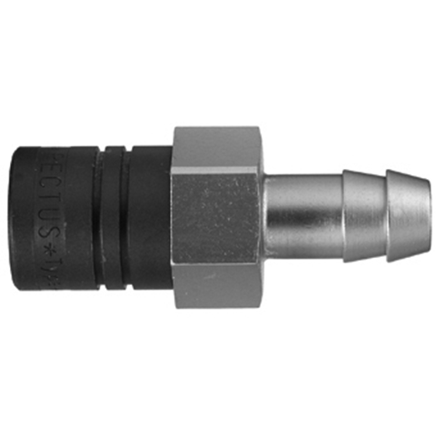 48310020 Coupling - Dry Break - Hose Barb Rectus double shut-off quick couplings with flatsealing or dry-break system for leak-free design. (KL series). On the coupling and plug, our leak-free coupling systems have valves that build up no dead-space volume. As such, when the connection is broken, no drops of the medium being channelled are able to escape. This variant is especially suitable for transporting aggressive media or in sensitive environments like in cleanrooms.