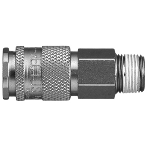 48600200 Coupling - Single Shut-off - Male Thread Rectus and Serto Single shut-off quick couplers work without a valve in the nipple but with a valve in the quick coupler. The flow is stalled when the connection is broken. (Rectus KA serie)