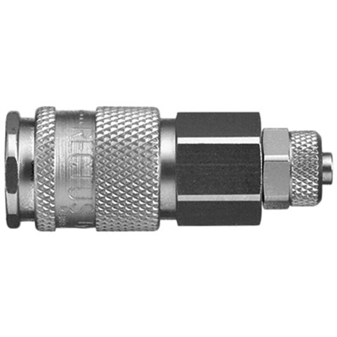 48603220 Coupling - Single Shut-off - Plastic Hose Connection Rectus and Serto Single shut-off quick couplers work without a valve in the nipple but with a valve in the quick coupler. The flow is stalled when the connection is broken. (Rectus KA serie)