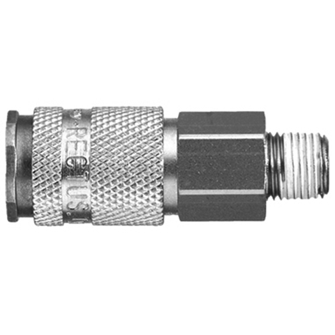48670000 Coupling - Single Shut-off - Male Thread Rectus and Serto Single shut-off quick couplers work without a valve in the nipple but with a valve in the quick coupler. The flow is stalled when the connection is broken. (Rectus KA serie)