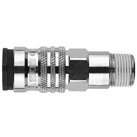 48901590 Coupling - Single Shut-off - Male Thread Rectus and Serto Single shut-off quick couplers work without a valve in the nipple but with a valve in the quick coupler. The flow is stalled when the connection is broken. (Rectus KA serie)