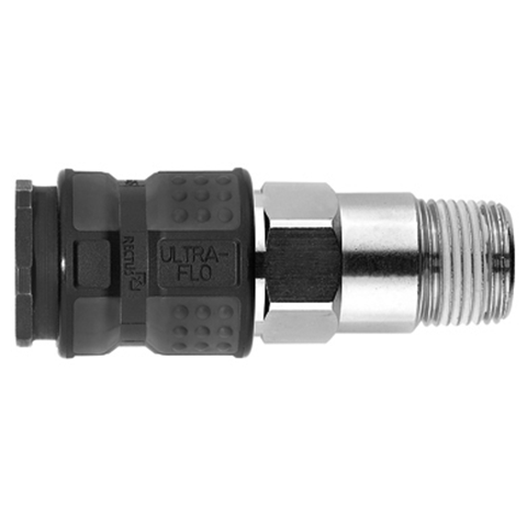 48901710 Coupling - Single Shut-off - Male Thread Rectus and Serto Single shut-off quick couplers work without a valve in the nipple but with a valve in the quick coupler. The flow is stalled when the connection is broken. (Rectus KA serie)