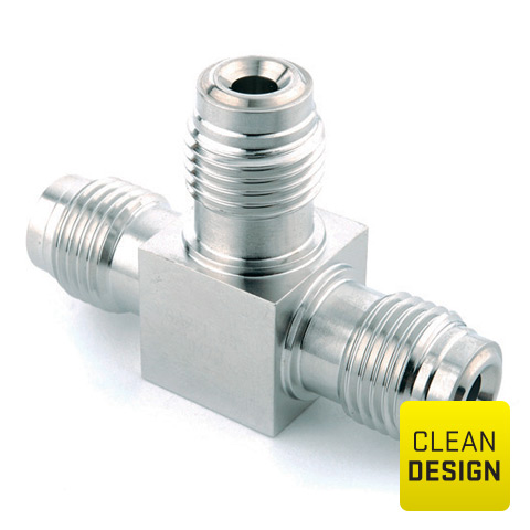 94202300 Tee - Union UHP (mini) Tee weld and face seal fittings  in low sulfur or standard SS316L stainless steel are internal or/and external electropolished and packed in a class 10 cleanroom. are designed to combine or split flows at a 90 degree angle to the main line.
