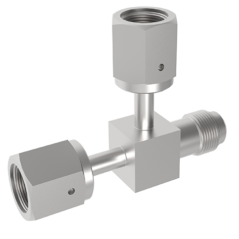 94202612 Tee - Spacesaver UHP (mini) Tee weld and face seal fittings  in low sulfur or standard SS316L stainless steel are internal or/and external electropolished and packed in a class 10 cleanroom. are designed to combine or split flows at a 90 degree angle to the main line.